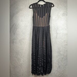 Tracy Reese Evening Dress Womens 4 Black Pleated Illusion Striped Knit Maxi